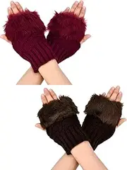 [Boao] 2 Pairs Fingerless Winter Gloves Short Touchscreen Gloves Thumb Hole Mittens Knitted Warm Gloves with Faux Fur