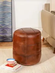 BBH HOMES HANDMADE ECO-FRIENDLY ROUND SHAPED STUFFED BUFFALO LEATHER COGNAC POUF