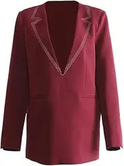 [Zadaos] Women's Blazer Jacket V-Neck Fake Notched Patchwork Solid Color Long-Sleeve Suit Jackets Red L(0810)