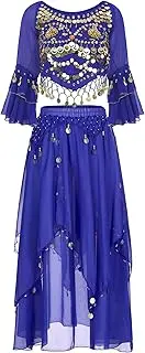 [TiaoBug] Women Belly Dance Dress Indian Bollywood Halloween Costume Chiffon Top Skirts Shiny Belly Dance Suits