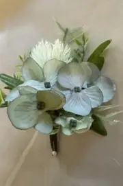 Prom Silk Boutonnière of White Thistle, Dusty Blue Hydrangea. Perfect For Prom