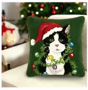 Holiday "Cat Wrap Around the Ornaments" Hook Throw Pillow with Insert, 16" x 16"
