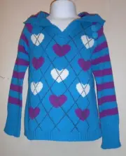 The Childrens Place Girls Wool Blend Hooded Pullover Heart Sweater Teal XS/4 NWT