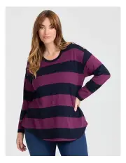 [Taking Shape] Bamboo Ponte 2 Tone Stripe Top Navy/grape Juice