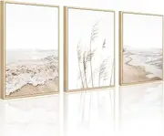Beach Wall Art Boho Prints Coastal Canvas Wall Art FRAMED, Beach Pictures Wall Art Pampas Grass Ocean Poster Plant Landscape Beach Scene Artwork for Living Room Bedroom Decor 12x16 Inch, Set of 3
