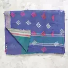 Indian Kantha Quilt Blue Heavy Embroidery Geomatric Bedspread Blanket Throw