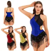 Womens Sequins Ballroom Costume Samba Dance Dress Latin Tassel Fringed Leotard