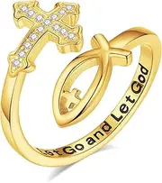 [Vito] Cross Jesus Fish Ring for Women, 925 Sterling Silver Plating 18K Gold Christian Blessed Cross Ichthus Rings Adjustable Faith Ring Let Go and Let God Ring Christmas Christian Jewelry Gift, Silver,