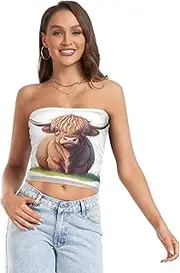 [RPLIFE] Cute Highland Cow Crop Tube Top Strapless Top for Women, Sheer Tube Tops, Sexy Tube Tops (S)