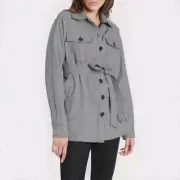 David Lawrence Jacket Womens Size 16 Black Ivory Houndstooth Shaket Button Belt