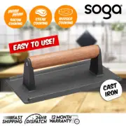 SOGA Cast Iron Bacon Meat Steak Press Grill BBQ with Wood Handle Weight Plate