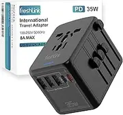 Universal Travel Adapter FreshLink PD 35W International Power Plug Adapter with 3 USB & 2 Tyep-C & USA/EU/AU/UK AC Sockets, Compatible with MacBook, Laptops, iPhone, iPad Airpods,etc (1 Pack)
