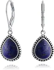 [Bling Jewelry] Boho Western Style Milgrain Setting Semi Precious Gemstones Lapis Turquoise Jade Onyx Quartz Pear Shaped Teardrop Lever Back Dangle Drop Earrings For Women Teen Oxidized .925 Sterling Silver