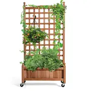 Costway Wood Raised Planter Box Mobile Garden Bed Green Plant Flower Pot w/Trellis Outdoor Patio Yard