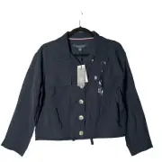 Tommy Hilfiger Top Womens S Navy Blue Cropped Button Up Log Top Preppy NEW