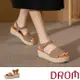 【DROM】涼鞋 坡跟涼鞋/時尚歐美簡約設計草編厚底坡跟涼鞋 卡其