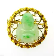 Brooch pin 14k yellow gold green jade buddha with ring for pendant