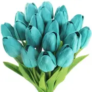 20 Pcs Artificial Turquoise Tulip Flowers Faux Tulip Stems PU Real Touch Tulips