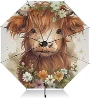 [PDZRMY] UV Protection Travel Umbrella Cow Wildflower Head Compact for Rain and Sun - Auto Open and Close UPF 50+ Windproof Portable 46” Sun Umbrella for Women and Men