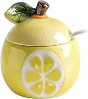 Hand-Painted Ceramic Fruit Shape Sugar Bowl Spice Jar Seasoning Pot with Lid Spoon,Ceramics Fruit Shaped Sugar Salt Pot Pepper Storage Jar Seasoning Box Condiment Pots (Lemon)