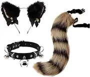 Handmade Plush Fox Ears and Tail Set Cute Cat Ear Headband Cat Tail Accessory Cosplay Costume for Women Flexible 25.6 Inch Tail with Bell Collar Perfect