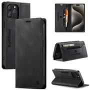 SupRShield For Apple iPhone 15 Pro Case RFID Blocking Retro Flip Premium Leather Card Holder Wallet Cover - Black