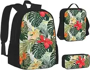 [ERCgad] Summer Hawaiian Print Canvas 3-In-1 School Bags Set Backpack Lunch Bag Pencil Case Combo For Men Women, Black, One Size