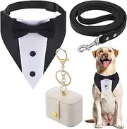 Locmeo 3 Pcs Dog Wedding Collar Outfit Include Dog Tuxedo Attire Wedding Ring Bearer Ring Holder Pouch Box Adjustable Pet Neck Bow Tie with Leash(Suit)