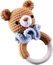 Crochet Animal Shaker - Tiny, Wood, Brown, Infant Rattle, Sound Toy, Baby Plush | Handcrafted Bear Rattle with Knitted Fabric Ideal for Grip Practice and Early Motor Skills Stimulation During