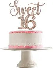 Rose Gold Glittery Sweet 16 Cake Topper- 16th Birthday Party Decorations,Cheers to 16 Year,Sweet Sixteen,16th Anniversary Party Decorations
