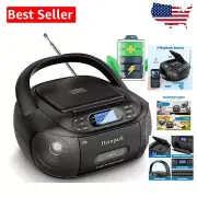 Compact Rechargeable Boombox - Bluetooth CD Cassette Player with Headphones Jack