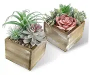 Pack Fake Plants Succulents Plants Artificial in Wood Pots with Pink Flowers 2