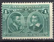 CANADA/1908/MH/SC#97 / JAQUES CARTIER & SAMUEL CHAMPLAIN / 1P BLUE GREEN
