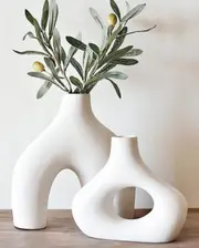 Set of 2 Minimalist White Ceramic Donut Vases - Nordic Décor