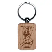 Wild Caveman Neanderthal Running with Spear Engraved Wood Rectangle Keychain