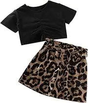 [iiniim] Kids Girls Summer 2 Piece Cotton Outfit Twist Front Crop Tops with Elastic Waist Bowknot Leopard Print Shorts Set