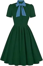 Vintage Women 1940s Bow Tie Neck Dress Retro 40s 50s Button Up Business Work A-line Cocktail Dresses