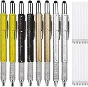 KEWAYO 8Pcs 6 in 1 Multitool Tech Tool Pen, – Multi-Functional & Measure Pen, with Scale Ruler, Spirit Level, Ballpoint Pen, Stylus & Small Screwdriver Set with 20 Refills