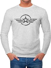[Neverless] Men's Long-Sleeved Airforce Symbol Star Army Military Print Emblem Long Sleeve Shirt, Airforce Wings Grey Melange, L