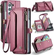 [Dteck] Case for Samsung Galaxy Z Fold 4 (2022) - PU Leather Portable Case with Crossbody Shoulder Strap & Wrist Strap Lanyard & Stylus Pen Holder & Wallet/Stand Function, Protective Flip Case, Red