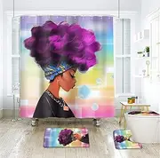 EVERMARKET African Woman Shower Curtain Set with Non Slip Rugs, Toilet Lid Cover and Bath Mat,Waterproof Shower Curtain with 12 Hooks for Bathroom Decor,African American Woman with Purple Hair