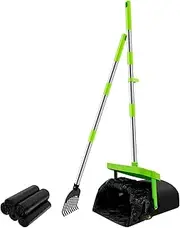 FwQoFvk Dog Poop Scooper Set for Leaves Debris Grass, Ergonomic Adjustable Handle Poop Swivel Bin Rake with Lid, Easy to Assemble Dog Poop Tool Set for Lawn Yard Dog House Green