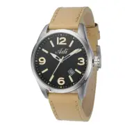 Adi Men's Stainless Steel Quartz Watch - Date Display Brown Leather Strap 45mm