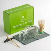 Japanese Tea Set 7pcs Matcha Whisk Set Matcha Bowl with Pouring Spout Bamboo Matcha Whisk Scoop Matcha Whisk Holder Tea Making Kit WHITE GLASS