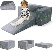 BIERUM Toddler Couch with Blanket,3-in-1 Luminous Kids Couches and Sofas Fold Out, Convertible Sofa to Playful Slide for Girls and Boys, Softer Kids Sofa Chair for Bedroom Playroom Shine in The Dark