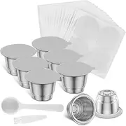 6Pcs 304 Stainless Steel Refillable Coffee Pods,Reusable Espresso Capsules with 200 Aluminum Foils Seals Reusable Coffee Capsule Kit with Brush Spoon for Some Portable Coffee Machines