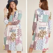 Daniel Rainn Anthropologie Dress XS Western Patchwork V Neck Bust 18" Length 39"