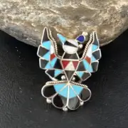 Turquoise & Onyx Peyote Bird Zuni Sterling Silver Inlay Ring Size 7 14449