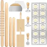 [MACIFECI] Pasta Making Tools Set, 12 Pcs Pasta Making Kit Includes Pasta Roller, Ravioli Maker, Gnocchi Board, Wooden Accessories, Brown Wood & Alloy