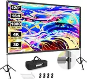 EMART Projector Screen and Stand, 120 inch Portable Projector Screen Indoor Outdoor Projector Screen 16:9 4K HD Wrinkle-Free Lightweight Movie Screen with Carry Bag for Backyard Movie Night
